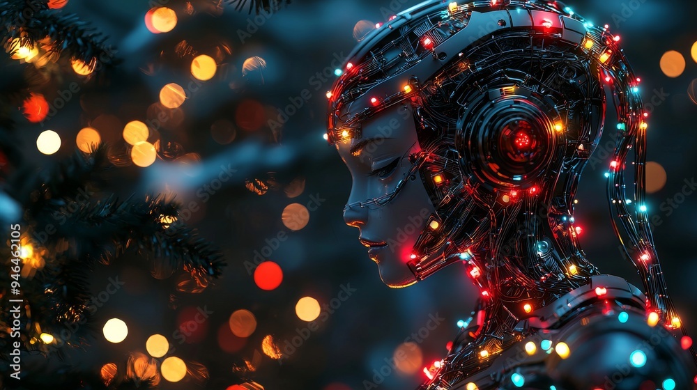 Cybernetic Woman with Christmas Lights