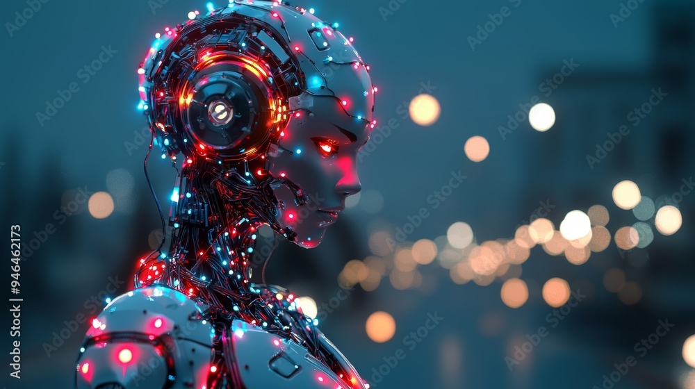 Futuristic Cyborg Woman with Red and Blue Lights in a Cityscape Futuristic Cyborg Woman with Red and Blue Lights in a Cityscape