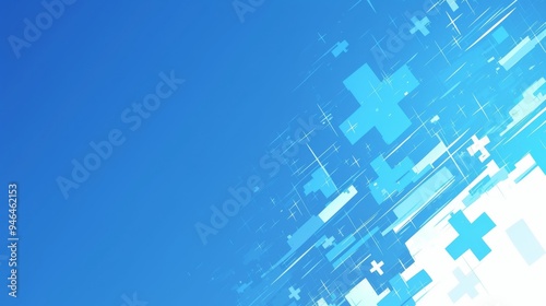 Abstract Medical Background with Blue Color and White Plus Sign on Light Sky-Blue, Minimalist Style with Copy Space