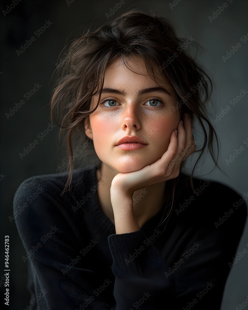 Pensive Woman with Thoughtful Expression,Delicate Features,and Cinematic Moody Lighting Pensive Woman with Thoughtful Expression,Delicate Features,and Cinematic Moody Lighting
