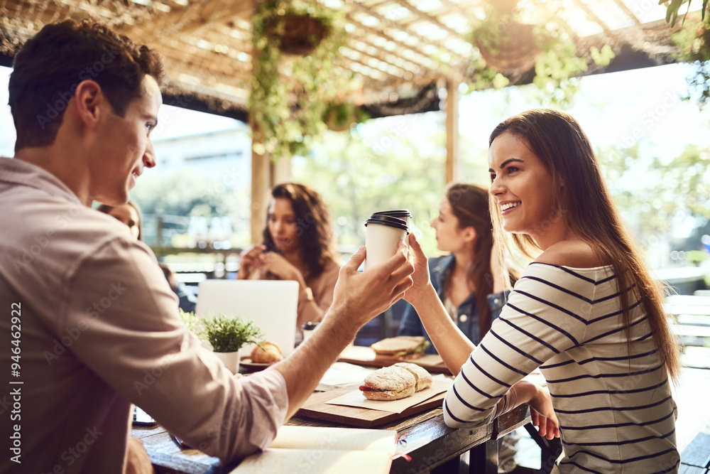 Φωτογραφία Business people, happy and cheers with coffee in cafe for partnership deal, achievement or collaboration