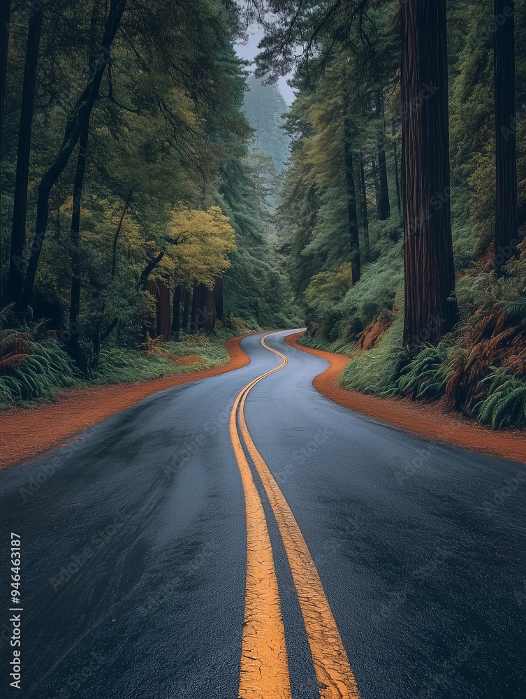 Obraz premium winding road through misty forest