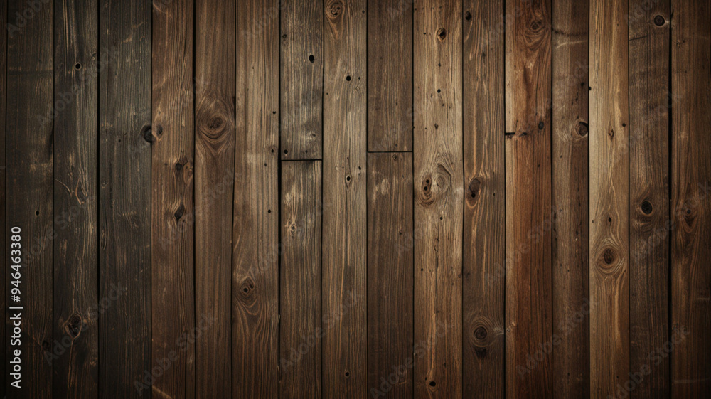 Naklejka premium Fond de planche de bois marron foncé, papier peint. Vieux fond en bois texturé foncé grunge, la surface de la vieille texture de bois brun, vue de dessus lambris en bois de pin brun. 