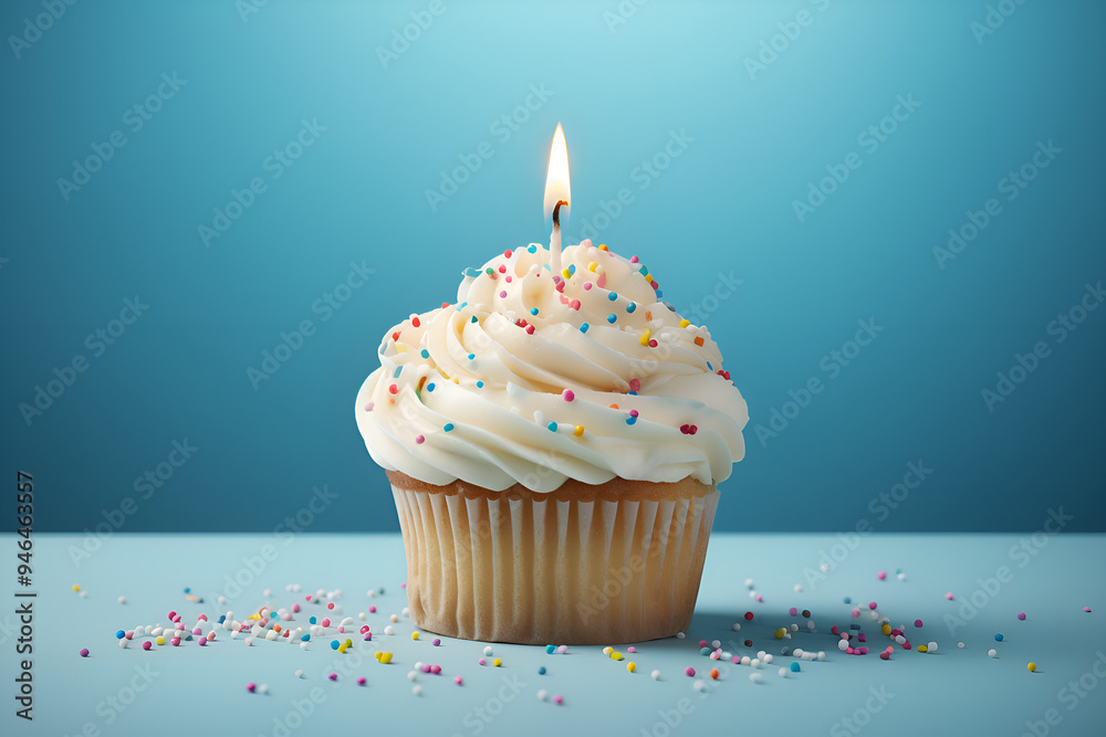 Cupcake with white air cream and a festive candle on a light blue background Cupcake with white air cream and a festive candle on a light blue background