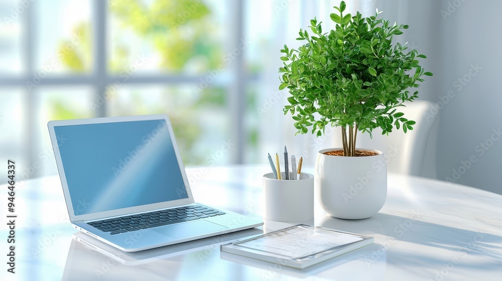 Modern workspace with laptop, plant, and stationery, ideal for productivity and creativity in a bright environment. Modern workspace with laptop, plant, and stationery, ideal for productivity and creativity in a bright environment.