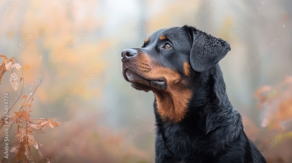 A majestic Rottweiler gazes thoughtfully in a serene autumn setting, embodying loyalty and strength in nature. A majestic Rottweiler gazes thoughtfully in a serene autumn setting, embodying loyalty and strength in nature.