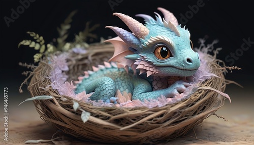 A charming baby dragon with shimmering scales curled up in a nest, painted in soft pastels to emphasize its adorable and gentle nature, Generative AI