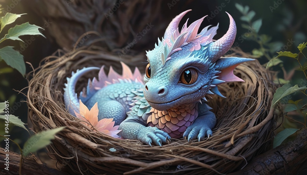 A charming baby dragon with shimmering scales curled up in a nest, painted in soft pastels to emphasize its adorable and gentle nature, Generative AI