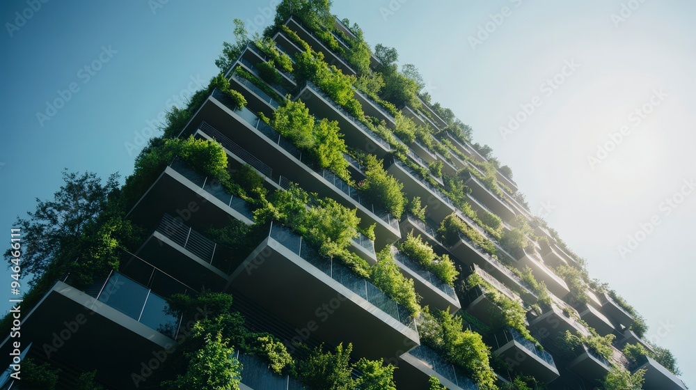 A modern building covered in lush greenery, showcasing eco-friendly architecture. A modern building covered in lush greenery, showcasing eco-friendly architecture.