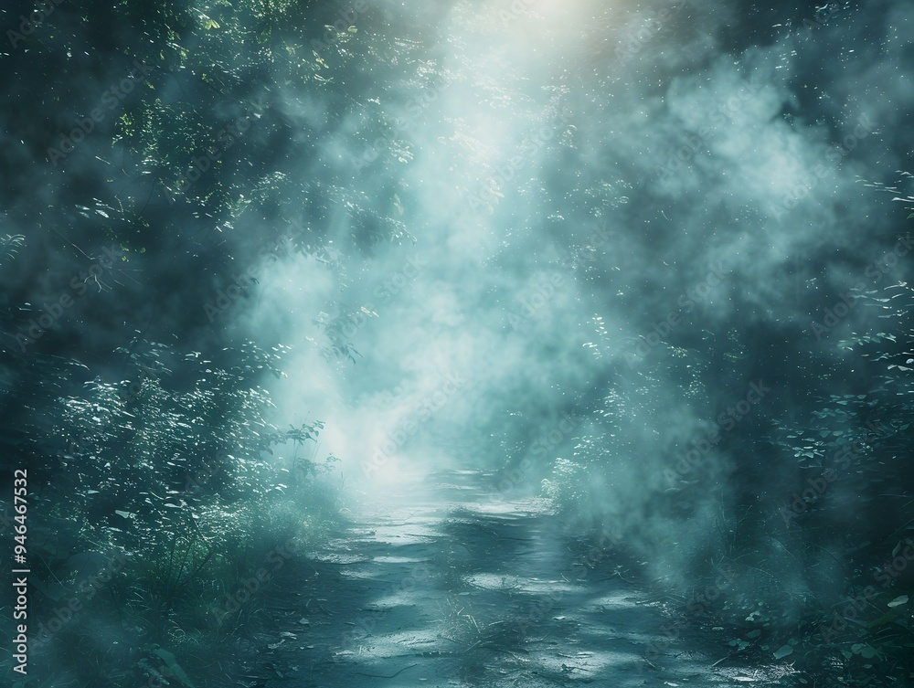 Mystical Enchanted Forest with Drifting Ethereal Smoke Beams Mystical Enchanted Forest with Drifting Ethereal Smoke Beams