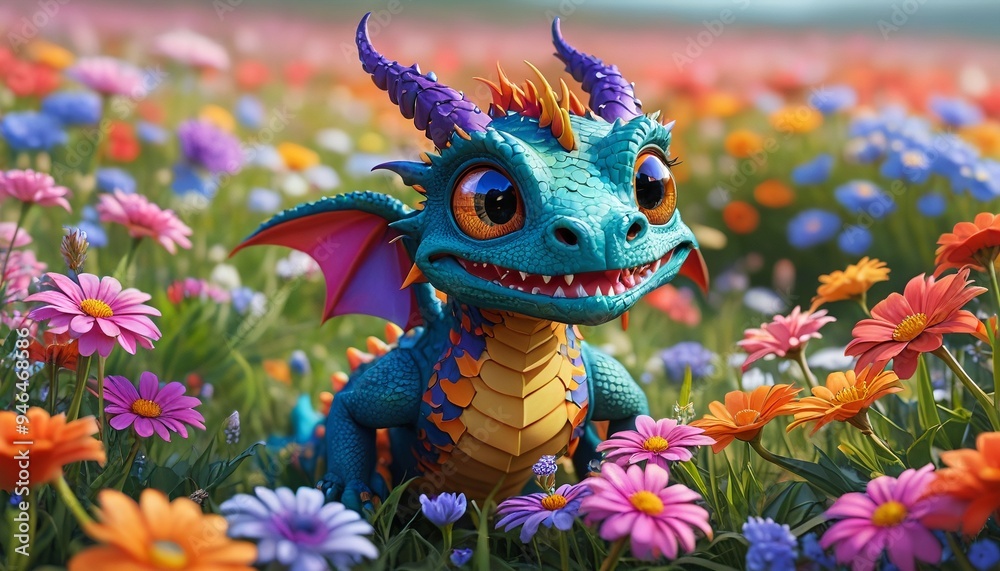 A playful dragon with big, expressive eyes and tiny wings, frolicking in a field of flowers, rendered in vibrant colors to highlight its joyful and endearing personality, Generative AI A playful dragon with big, expressive eyes and tiny wings, frolicking in a field of flowers, rendered in vibrant colors to highlight its joyful and endearing personality, Generative AI