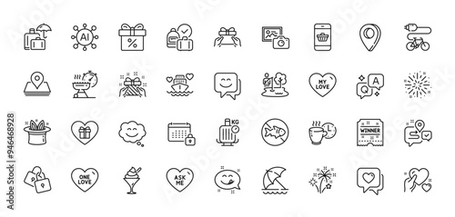 Calendar, Ice cream and Beach umbrella line icons pack. AI, Question and Answer, Map pin icons. Gift, Romantic gift, Luggage insurance web icon. Vector