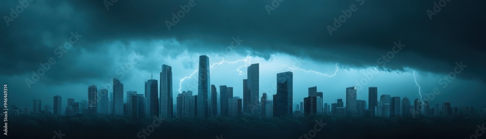 Thunderstorm with lightning striking a distant city skyline, extreme weather, electrifying atmosphere Thunderstorm with lightning striking a distant city skyline, extreme weather, electrifying atmosphere