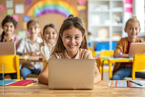 Happy elementary students using laptops in a vibrant classroom with a rainbow backdrop, embracing collaborative and modern learning