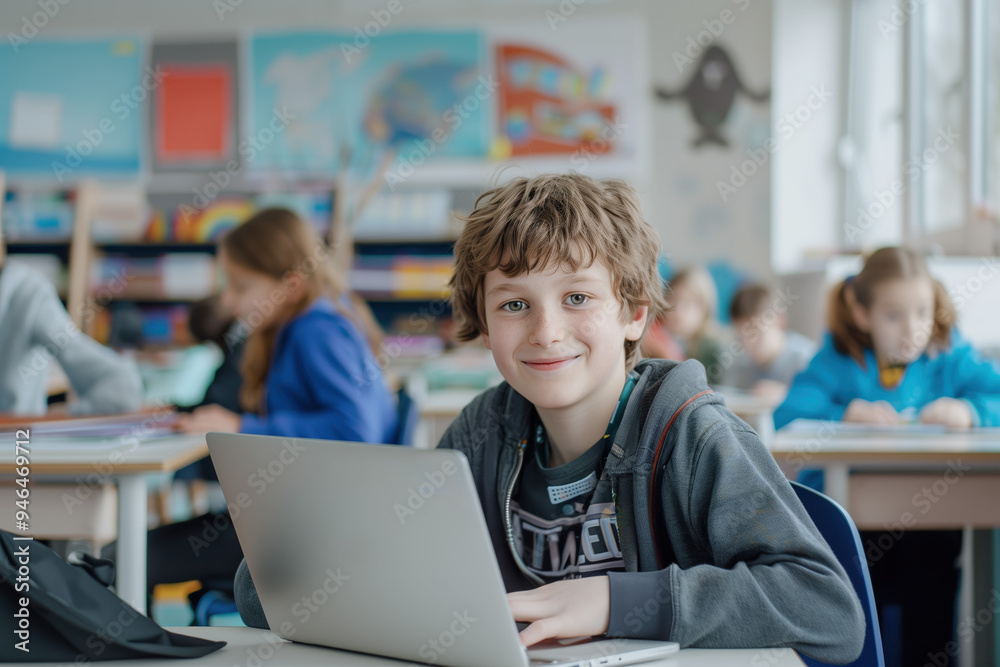 Happy student engaging with a laptop in a colorful, active classroom environment, representing modern education and digital learning