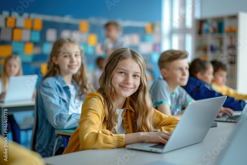 Smiling students using laptops in a vibrant classroom, showcasing collaborative learning and the integration of technology in modern education