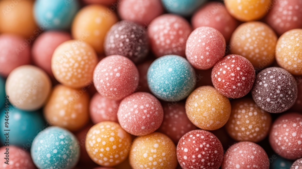 A close-up shot of round, frosted candies in a variety of colors, highlighting their sugary coating and detailed texture, evoking a sense of childhood nostalgia and delight. A close-up shot of round, frosted candies in a variety of colors, highlighting their sugary coating and detailed texture, evoking a sense of childhood nostalgia and delight.