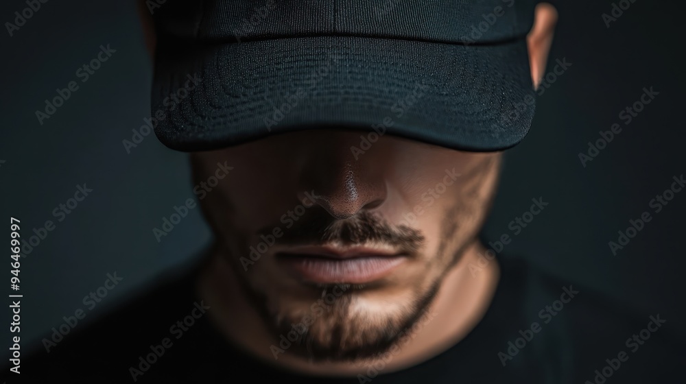 This image shows a person wearing a cap, with their face obscured, standing against a dark background. The focus is on the cap, merging anonymity and mystery. This image shows a person wearing a cap, with their face obscured, standing against a dark background. The focus is on the cap, merging anonymity and mystery.