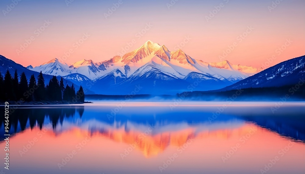 Tranquil Sunrise Over Serene Lake with Snow-Capped Mountain Reflection and Pink Sky, Capturing Nature’s Beauty and Peaceful Atmosphere Tranquil Sunrise Over Serene Lake with Snow-Capped Mountain Reflection and Pink Sky, Capturing Nature’s Beauty and Peaceful Atmosphere