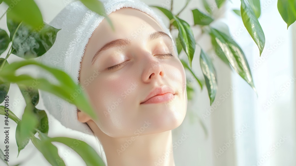 A serene woman enjoys natural light and tranquility, surrounded by lush green leaves, embodying relaxation and self-care. A serene woman enjoys natural light and tranquility, surrounded by lush green leaves, embodying relaxation and self-care.