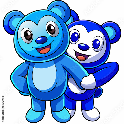 Cute Blue Bear with Round Head and Small Body Hugs Friend at Work – Vector Illustration