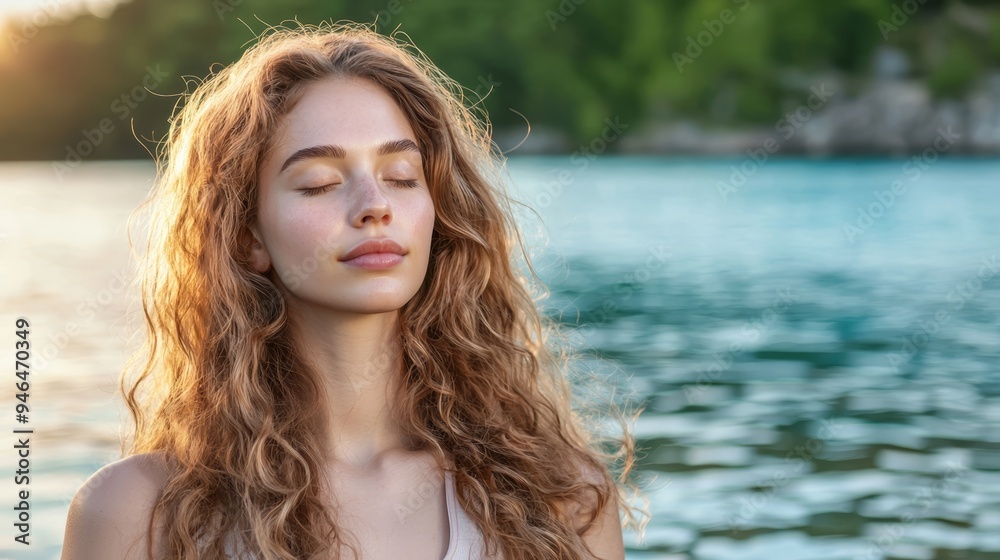A serene woman with curly hair relaxes by a tranquil lake, basking in the sunlight and enjoying nature's beauty. A serene woman with curly hair relaxes by a tranquil lake, basking in the sunlight and enjoying nature's beauty.