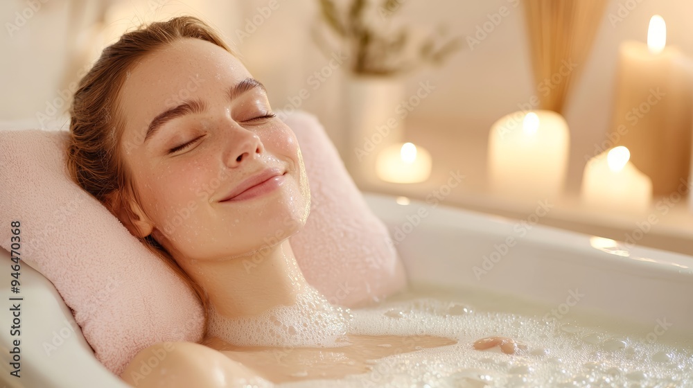 Naklejka premium A serene young woman relaxes in a bubble bath, enjoying tranquility amidst soft candlelight for a calming atmosphere.
