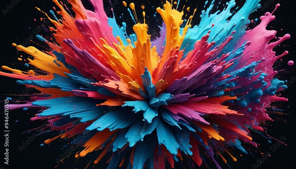 An explosion of paint colors blending and swirling in slow motion, captured with vivid hues and fluid motion to showcase the dynamic and mesmerizing effect, Generative AI