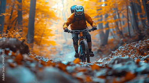 Downhill mountain biking man on the rocky street : Generative AI
