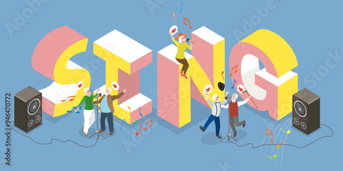 3D Isometric Flat Vector Illustration of Karaoke Party, Elderly Group Engages in Music and Dance Performance
