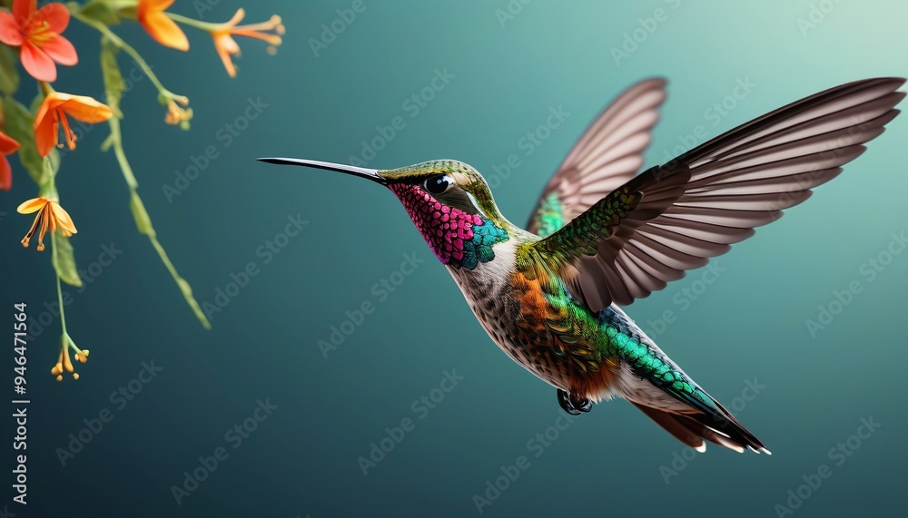 A hummingbird hovering and rapidly flapping its wings, with each delicate movement captured in slow motion to highlight its intricate wing patterns and speed, Generative AI A hummingbird hovering and rapidly flapping its wings, with each delicate movement captured in slow motion to highlight its intricate wing patterns and speed, Generative AI