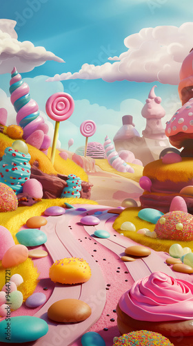 The Fantasy sweet candy land game landscape background, Illustration