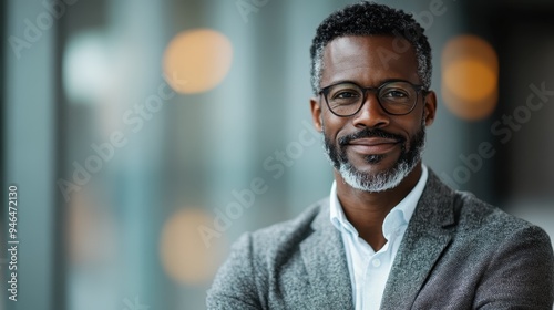 A confident man with glasses and a neatly trimmed beard wearing a grey suit, smiling warmly against a softly lit background, conveying professionalism and friendliness.