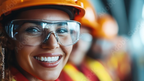 A line of construction workers in orange safety vests and hard hats, exemplifying teamwork, commitment, and safety at a bustling urban construction site, ready for work.