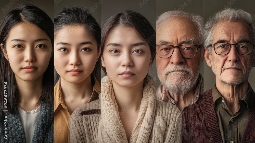 Five individuals of varying ages display a range of expressions, highlighting the beauty of diversity in a modern indoor environment, emphasizing their unique features. Generative AI Five individuals of varying ages display a range of expressions, highlighting the beauty of diversity in a modern indoor environment, emphasizing their unique features. Generative AI