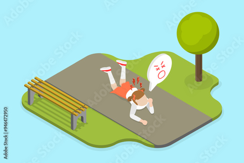 3D Isometric Flat Vector Illustration of Distressed Child , Crying, Beating Ground and Uncontrollable Screams
