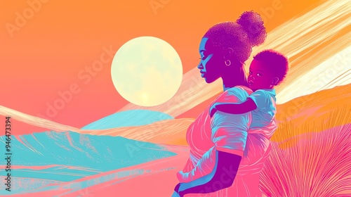 A vibrant and colorful illustration of a mother carrying her child, embodying strength and love in a surreal landscape.