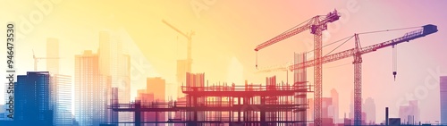 A vibrant construction site at sunset, featuring cranes and building frameworks, symbolizing growth and urban development.