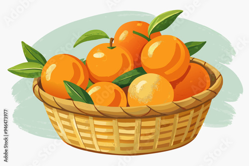 Oranges in a basket, watercolor clipart illustration with isolated background. 