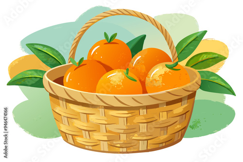 Oranges in a basket, watercolor clipart illustration with isolated background.
