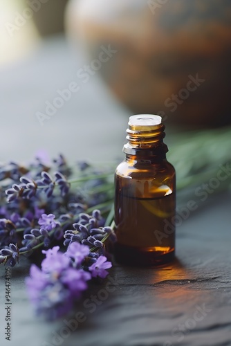 A sleek lavender oil bottle beside a fresh sprig of lavender : Generative AI