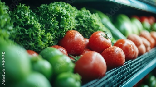 A vibrant display of fresh vegetables including leafy greens, tomatoes, and cucumbers on a grocery store shelf, representing a healthy and nutritious selection for shoppers. photo