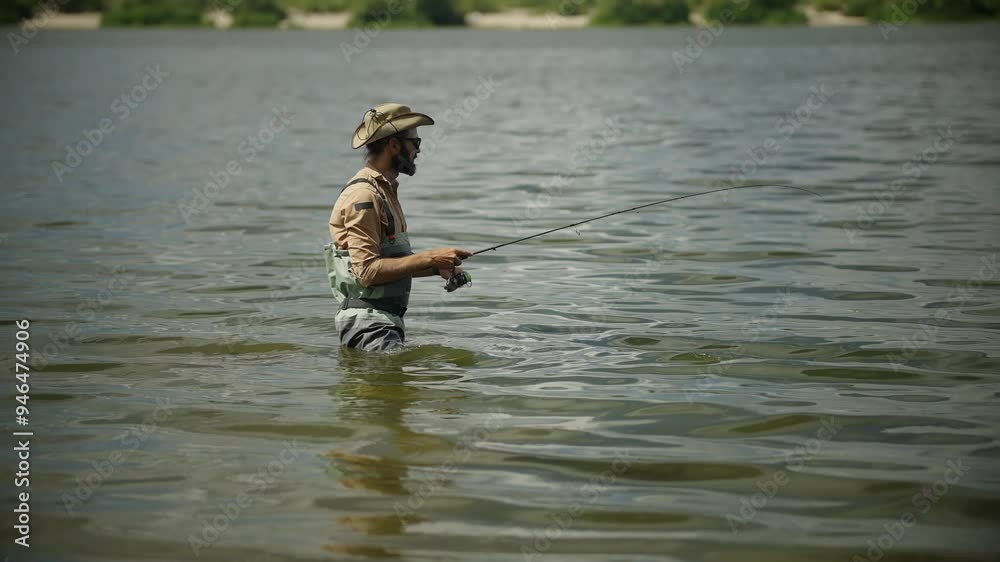 Fisherman catching fish perch on river Fisherman catching fish perch on river