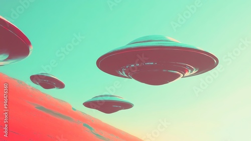 Surreal illustration of flying saucers in a colorful sky, evoking a sense of mystery and the unknown in a vibrant landscape. photo