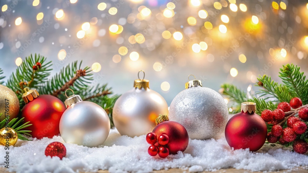 Obraz premium Minimalist stock photography of a Christmas scene with red and gold Christmas balls and sparkling decorations arranged elegantly on a pure white background