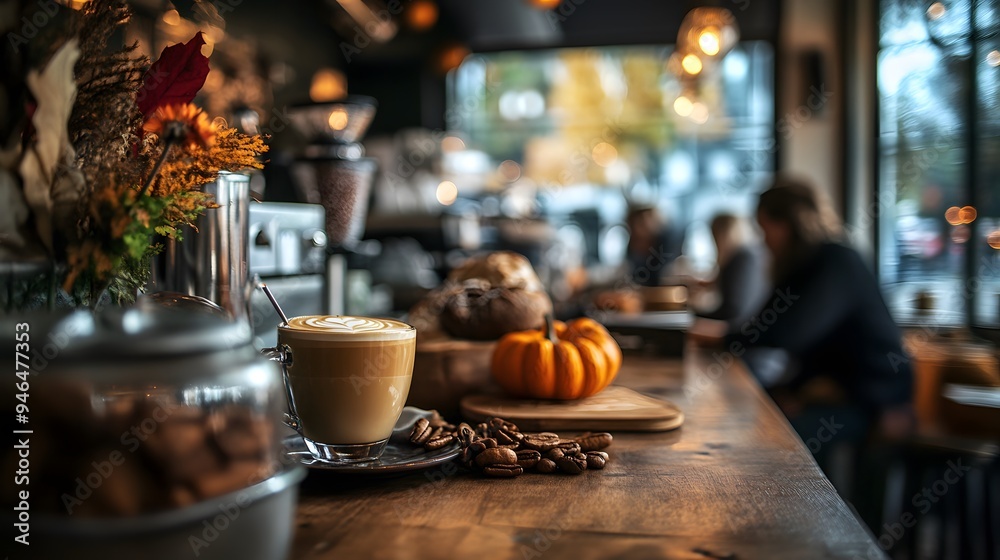 A cozy café atmosphere where a barista is making a pumpkin spice latte with customers relaxing among autumn decorations A cozy café atmosphere where a barista is making a pumpkin spice latte with customers relaxing among autumn decorations
