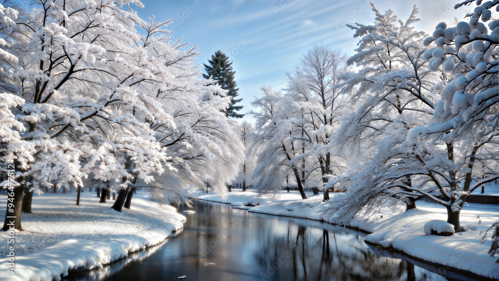 Sunny Early Spring Day with Calm Melted River, Snow-Covered Park, and White Trees Sunny Early Spring Day with Calm Melted River, Snow-Covered Park, and White Trees