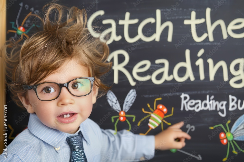 Little scholar in tie and glasses, hair tousled, in front of a chalkboard with Catch the Reading Bug! Little scholar in tie and glasses, hair tousled, in front of a chalkboard with Catch the Reading Bug!