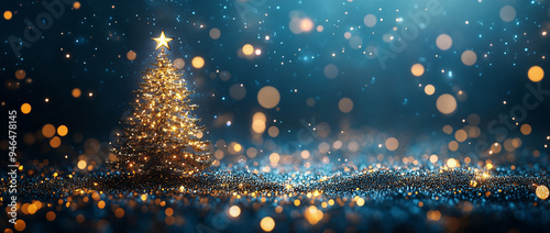 Christmas Tree In Blue Night - Golden Balls With Bokeh Lights In Abstract Background
