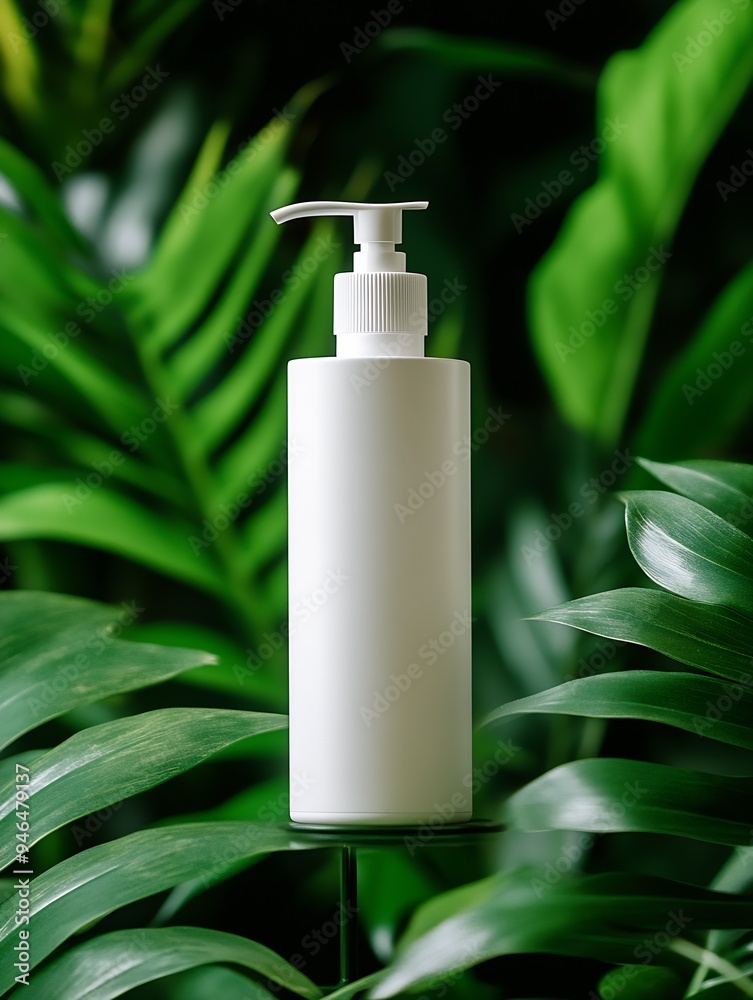 Stylish shampoo stand, small white bottle in the center against a background of lush greenery. : Generative AI Stylish shampoo stand, small white bottle in the center against a background of lush greenery. : Generative AI